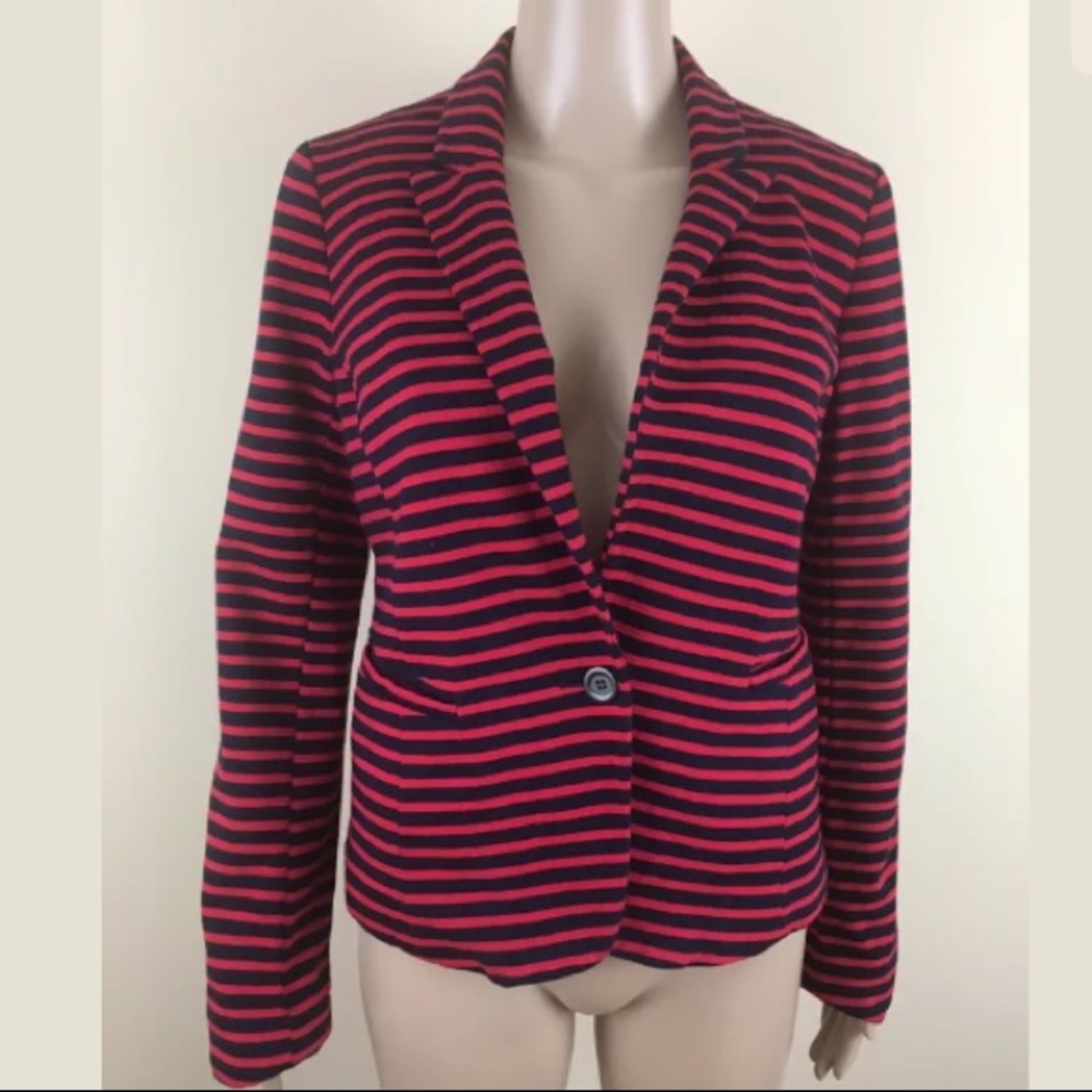Ann Taylor LOFT 4 Red Blue Striped Blazer Jacket
